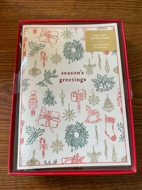 Season's Greetings Holiday Note Card Set - Red Green Gold Illustrations